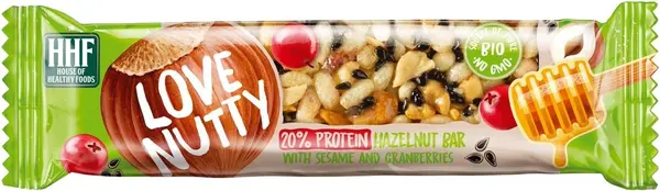 Baton proteic cu alune de pădure, susan negru și afine, 40 g, Love Nutty