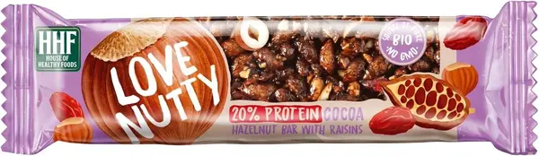Baton proteic cu cacao și alune de pădure și stafide, 40 g, Love Nutty