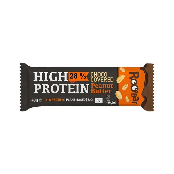 Baton proteic cu crema de arahide invelit in ciocolata bio 40g Roobar