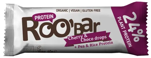 Baton proteic organic, cireșe și ciocolată, 40 g, Roobar