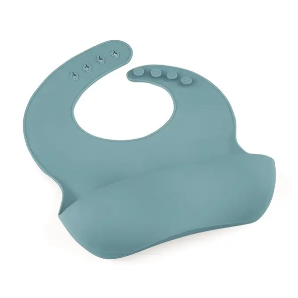 Baveta moale PetiteMars Frosted Sky Albastru TakeMatch, reglabila, cu buzunar colector, silicon, fara BPA, 6 luni+