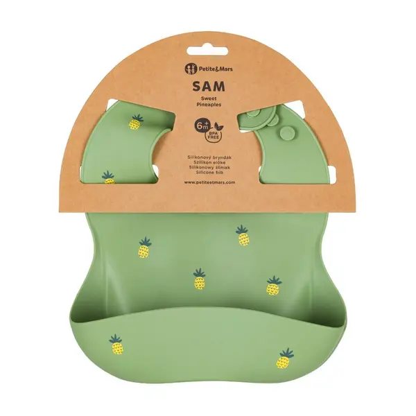 Baveta moale PetiteMars TakeMatch Verde, reglabila, cu buzunar colector, silicon, fara BPA, 6 luni+, model ananas