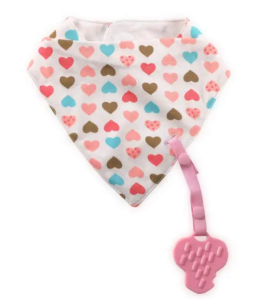 Baveta tip bandana cu snur si jucarie dentitie bumbac Girl roz