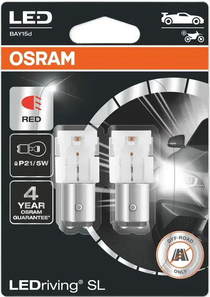 Becuri auto LED Osram - LEDriving, SL, Red, P21/5W, 1.7W, 2 bucăți, roșii