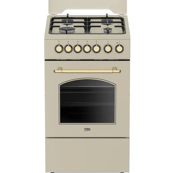 Beko Aragaz rustic mixt Beko, 4 arzatoare cu eficienta ridicata, gratare din fonta, aprindere electrica integrata, Booster, grill electric, cuptor electric, 6 functii de gatire, rotisor, iluminare cuptor, 50cm, capac metal
