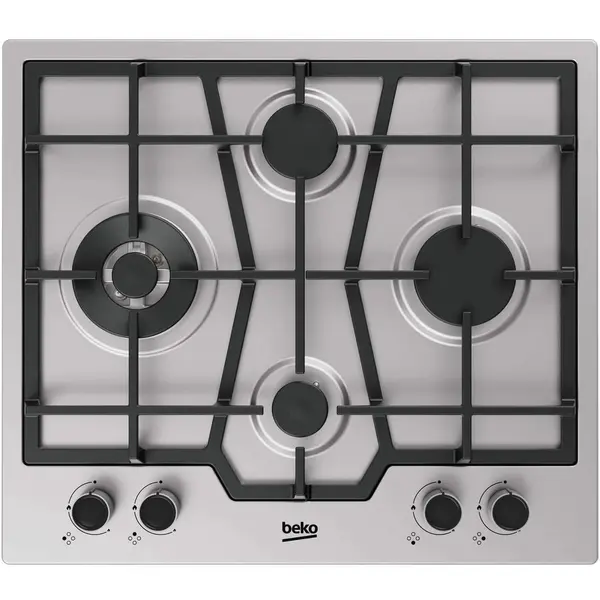 Beko Plita incorporabila Beko HIAW642210X, Gaz, 4 arzatoare, Gratar fonta, Arzator Wok, Siguranta flacara, FlameAdjust, 60 cm, Inox