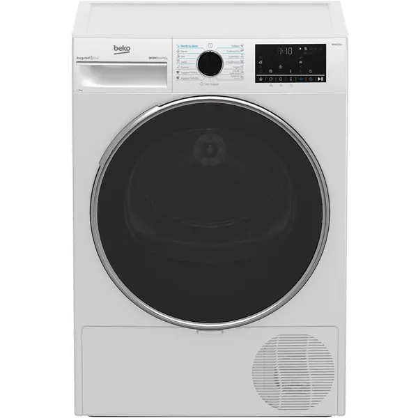 Beko Uscator de rufe Beko B5T49243WEU, Pompa de caldura, 9 kg, 15 programe, Clasa B, Iron Finish, RecycledDry, OptiSense, Aquawave, Hygienic Refresh, Alb