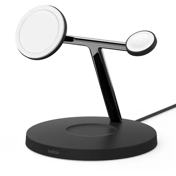 Belkin Incarcator wireless 3-in-1 Belkin BoostCharge Pro, 15W, MagSafe, Stand, AirPods, Apple Watch + Adaptor AC, Negru