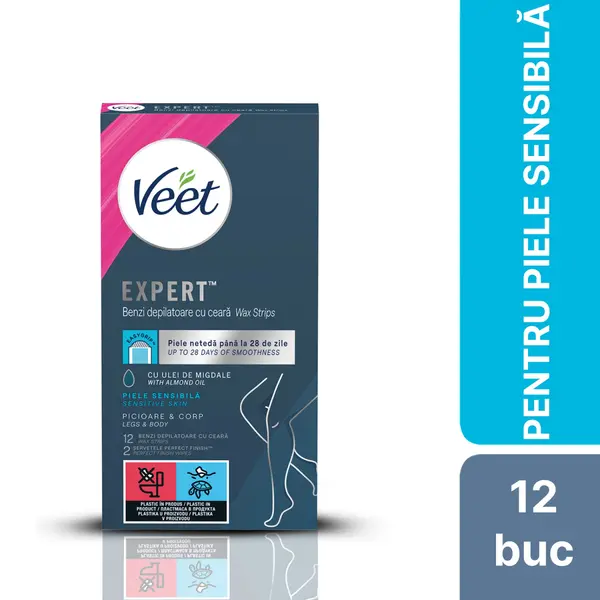 Benzi de ceara rece Veet Ulei de Migdale, piele sensibila, 12 benzi