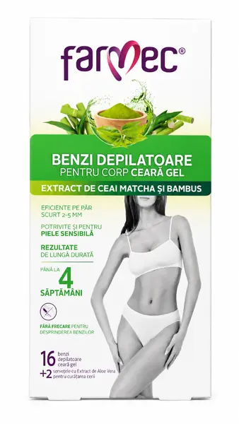 Benzi depilatoare pentru corp cu ceara gel, 16 benzi + 2 servetele, Farmec