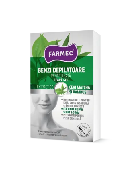 Benzi depilatoare pentru fata cu ceara gel, 20 bucati + 2 servetele, Farmec