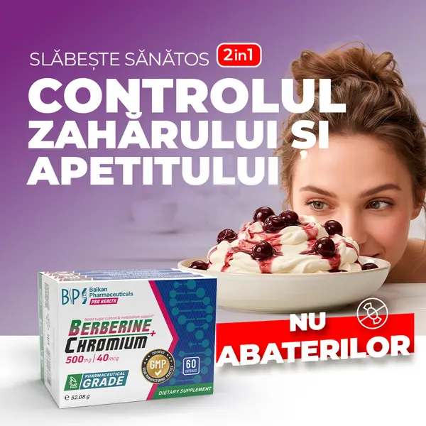 Berberină + Chromium, Supliment pentru Slăbit și Control Glicemie, 500 mg/40 mcg, 60 caps.