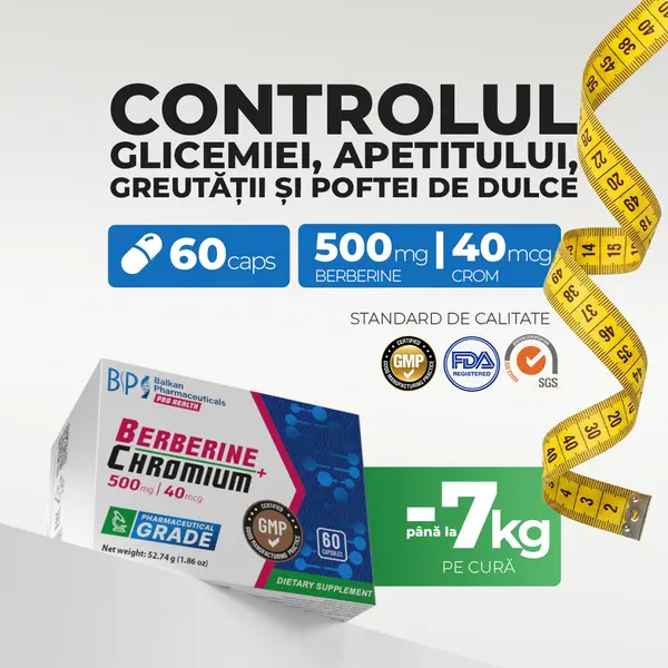 Berberină + Chromium, Supliment pentru Slăbit și Control Glicemie, 500 mg/40 mcg, 60 caps.