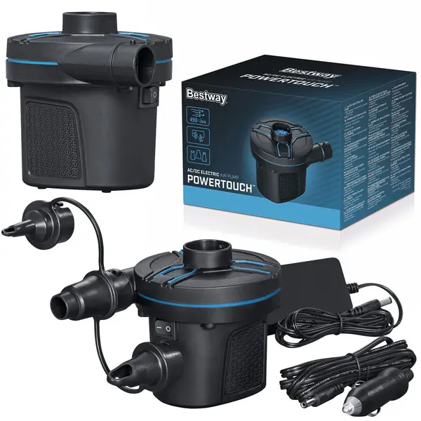 Bestway Pompa de aer electrica Bestway PowerTouch, pentru produse gonflabile, 220/12V, priza auto, 3 adaptoare