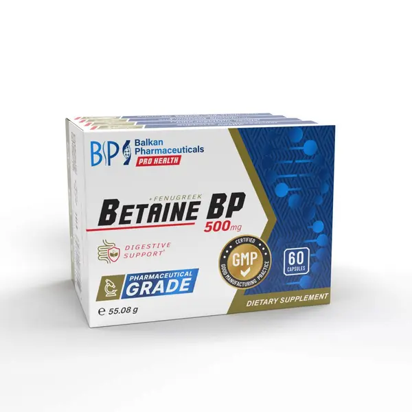 Betaine BP, Supliment pentru Digestie și Aciditate Stomacală, 500 mg, 60 caps.