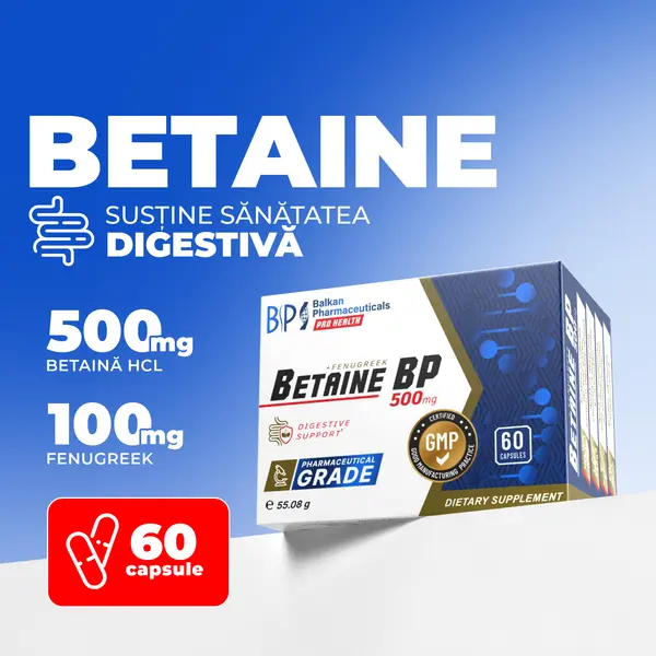 Betaine BP, Supliment pentru Digestie și Aciditate Stomacală, 500 mg, 60 caps.