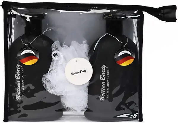 Bettina Barty Black Line Set - Loțiune și gel de duș, 2 х 500 ml + Trusă de toaletă și burete