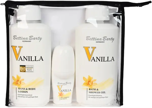 Bettina Barty Vanilla Set - Loțiune, gel de duș și roll-on, 2 х 500 + 50 ml + Trusă de toaletă