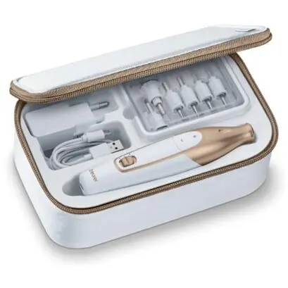BEURER Pila electrica manichiura si pedichiura Beurer, 10 capete interschimbabile, LED, Micro USB, 3 viteze, 2 directii de rotatie, Alb/Auriu