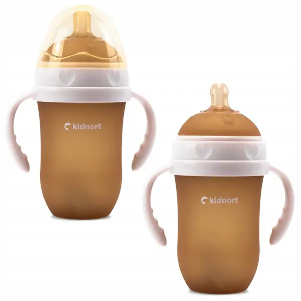 Biberon anti-colici pentru bebelusi de la 6 luni Kidnort Eple, nivel de debit 5, cu pai moale din silicon si biluta gravitationala incorporata, maner ergonomic detasabil, capacitate 250 ml, BeigePink