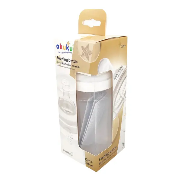 Biberon anticolici Akuku 240ml si gat larg, tetina din silicon cu supapa anticolici, materiale sigure fara BPA, indicator cantitate usor de citit