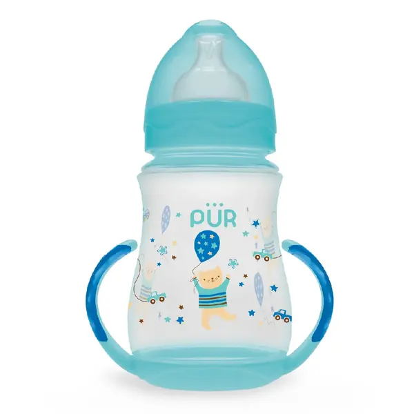 Biberon cu gura larga, desen si manere, verde, +6luni, 250ml, PUR