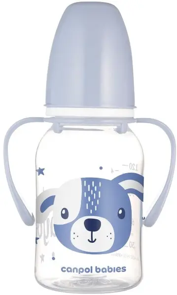 Biberon cu mânere Canpol - Cute Animals, 120 ml, albastru