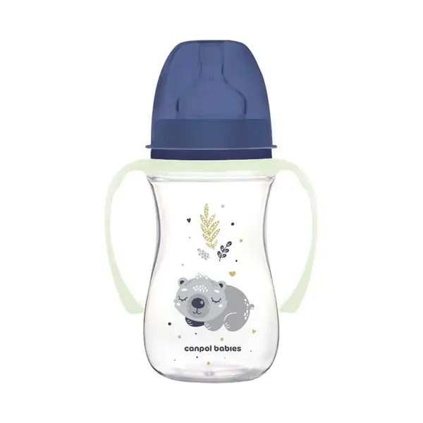 Biberon cu manere si tetina silicon Canpol Easy Start Sleepy Koala 240 ml Albastru
