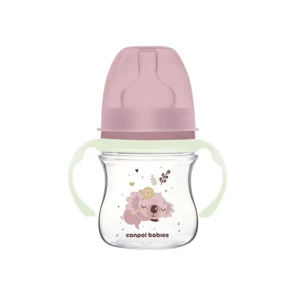 Biberon cu manere si tetina silicon Canpol Easy Start Sleepy Koala 120 ml Roz