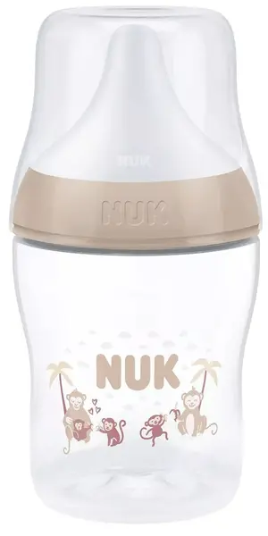 Biberon cu tetină din silicon NUK Perfect Match - 150 ml, mărimea S, 0 luni+, maimuță, bej