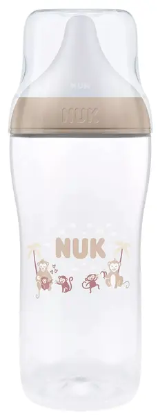 Biberon cu tetină din silicon NUK Perfect Match - 360 ml, mărimea XL, 6luni+, Maimuță, bej