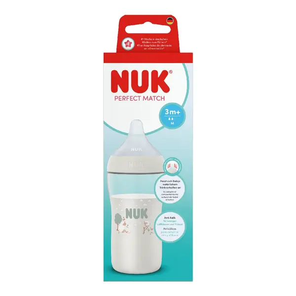 Biberon cu tetina din silicon Perfect Match, alb, flux M, 3+ luni, 260 ml, Nuk