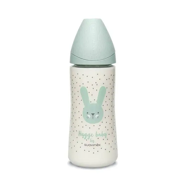 Biberon cu tetina rotunda din silicon debit dens Hygge Suavinex 360 ml iepuras verde