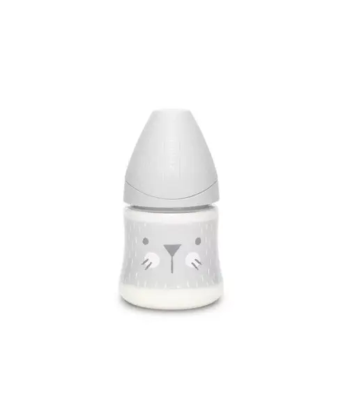 Biberon cu tetina rotunda din silicon debit lent pisica gri Hygge Suavinex 150 ml