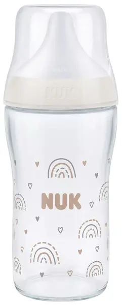 Biberon de sticlă cu tetină din silicon NUK Perfect Match - TC, 230 ml, mărimea M, 3 luni+, Curcubeu