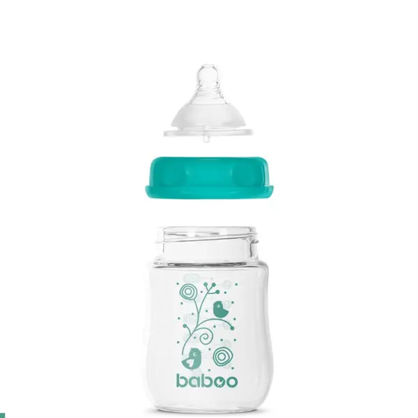 Biberon din sticla anticolici Baboo cu gat larg 150 ml 0 luni+