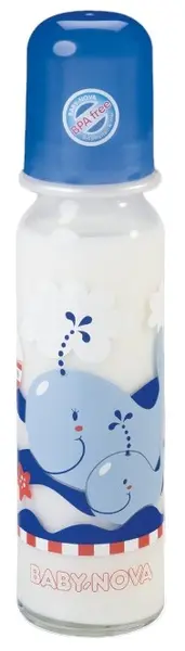Biberon din sticlă Baby Nova – 250 ml, albastru cu balenă