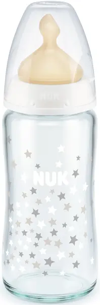 Biberon din sticla cu tetina din cauciuc Nuk - First Choice, TC, 240 ml, alb