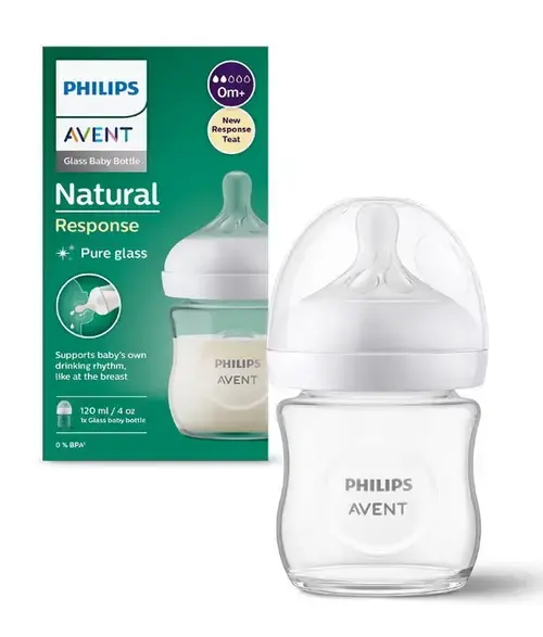 Biberon din sticla Philips Avent Natural Response SCY930/01, 120 ml, Debit 2, Tetina fara scurgeri, +0 luni, Fara BPA (Alb/Transparent)