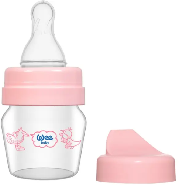 Biberon din sticla Wee Baby Mini, cu 2 varfuri, 30 ml, roz