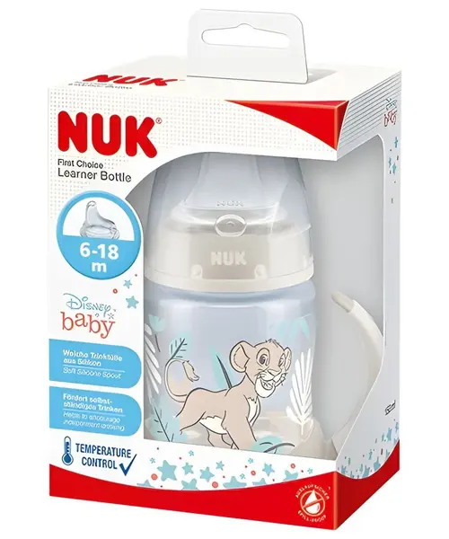 Biberon Nuk First Choice 150 ml cu tetina invatare din silicon 6-18 luni, control temperatura, Disney Lion King