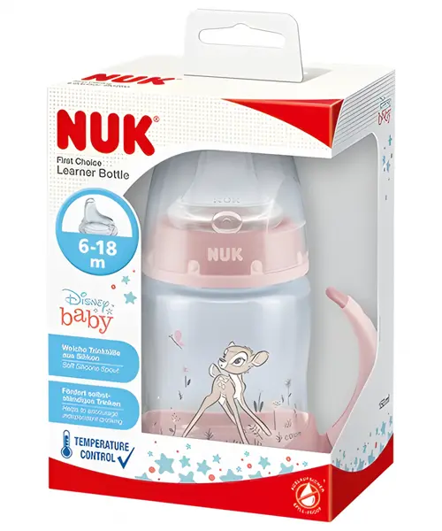 Biberon Nuk First Choice 150 ml cu tetina invatare silicon si control temperatura 6-18 luni Disney Bambi