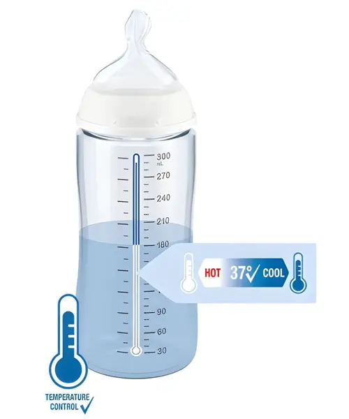 Biberon Nuk First Choice 300 ml control temperatura, tetina silicon M 0-6 luni, model Tigru