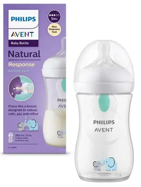 Biberon Philips Avent Natural Response SCY673/81, Dispozitiv AirFree, 260 ml, +1 luni, Fara BPA, usor de curatat (Alb/Transparent)