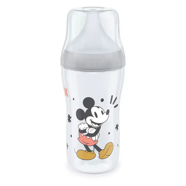 Biberon polipropilena cu tetina silicon si control de temperatura Nuk PM 260 ml 3 luni + M Mickey Grey