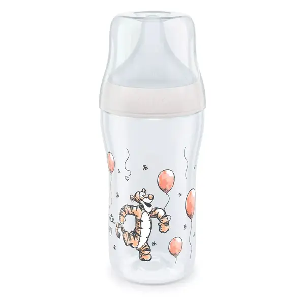 Biberon polipropilena cu tetina silicon si control de temperatura Nuk PM 260 ml 3 luni + M Disney Tiger