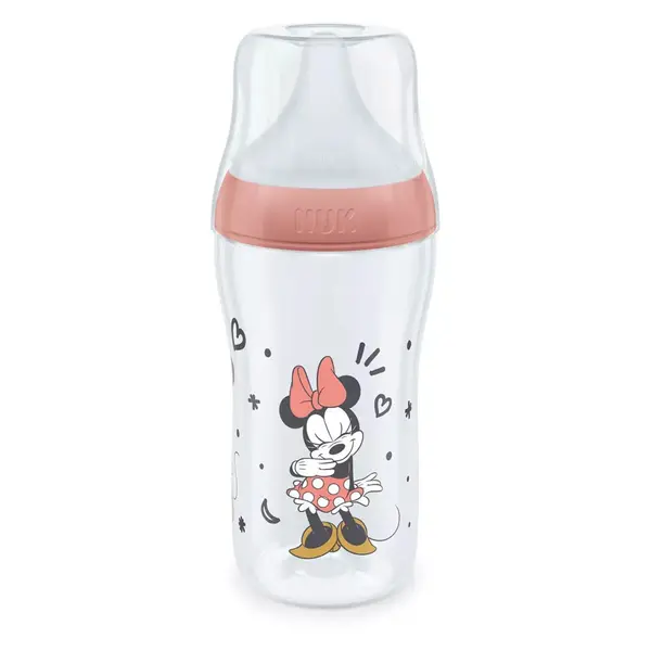 Biberon polipropilena cu tetina silicon si control de temperatura Nuk PM 260 ml 3 luni + M Minnie Red