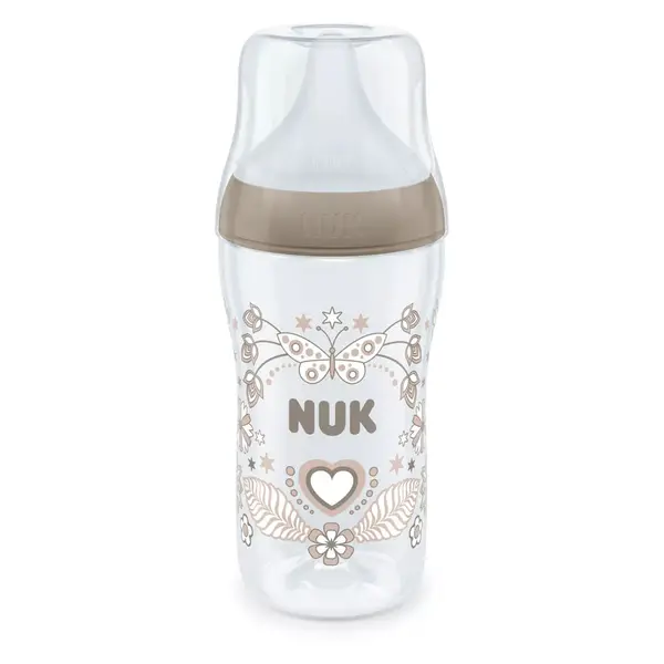 Biberon polipropilena cu tetina silicon si control de temperatura Nuk PM 260 ml 3 luni + M Heart