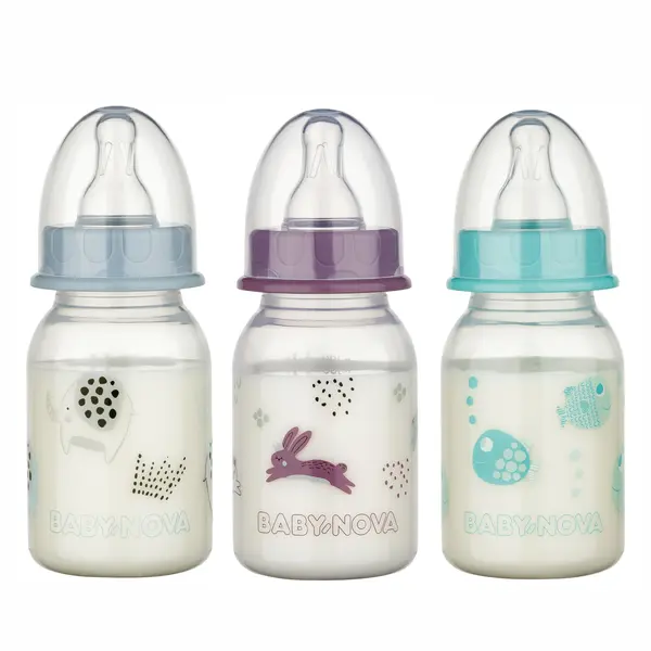 Biberon PP decorat, tetina rotunda S, slow, 46010, Baby Nova | 120 ml