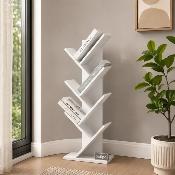 Biblioteca Copac cu rafturi decorative, etajera living 122 x 44 x 22 cm in forma de copac, cadru metalic negru + polite PAL melaminat 18 mm, element decorativ remarcabil pentru living sau birou, stil industrial modern
